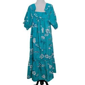 Vintage Tamare Hawaiian Midi Dress Womens Size Medium Floral Blue Teal USA Made